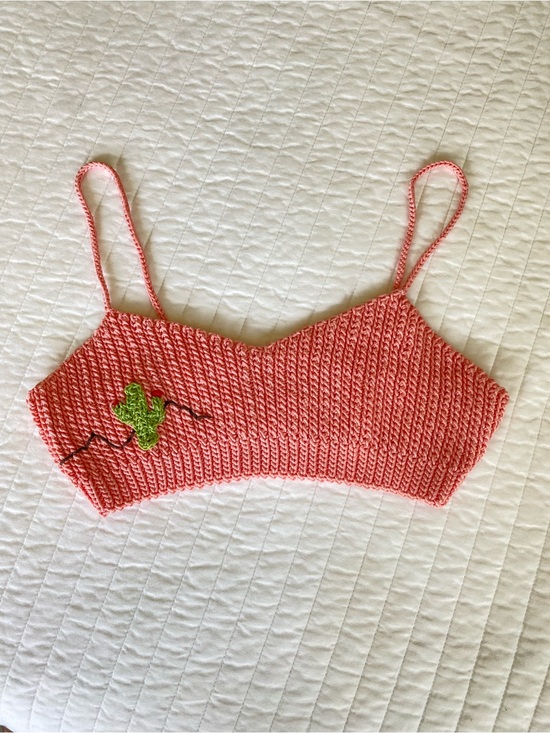 Handmade Tops - Hand-Knit Coral Pink Cropped Cactus Bralette - 100% Cotton NWOT